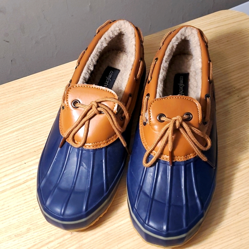 Blue and brown duck boots